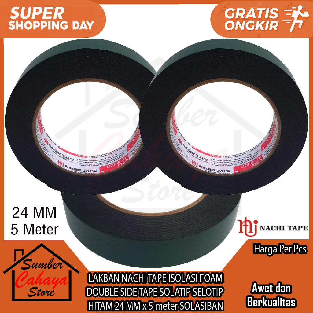 

LAKBAN NACHI TAPE HITAM ISOLASI FOAM DOUBLE SIDE TAPE SOLATIP SELOTIP 24 MM x 5 meter SOLASIBAN BOLAK BALIK SELASIBAN PERAKAT MEREKATKAN LEM LENGKET SERBAGUNA MULTIFUNGSI PLESTER PELESTER BARANG SELTIP LAKKBAN SELTAPE SOLTAPE LIM ROL GULUNG BLACK SELATIP
