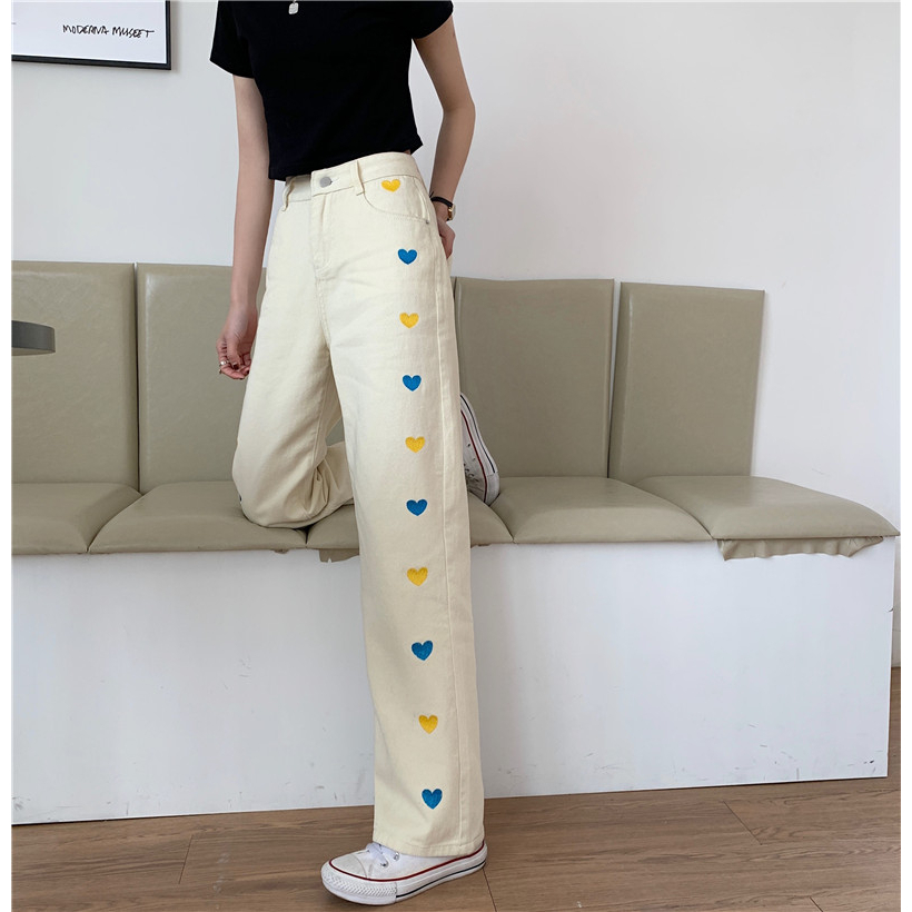 EUNII Celana Jeans Wanita Terbaru High Waist Straight Loose Heart Embroidery Celana Jeans