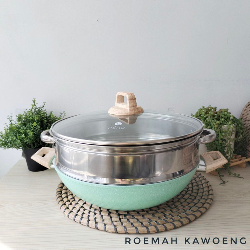 Wajan PERO wok SILICO 24cm/26/28cm/32cm biogranite pero tutup kaca