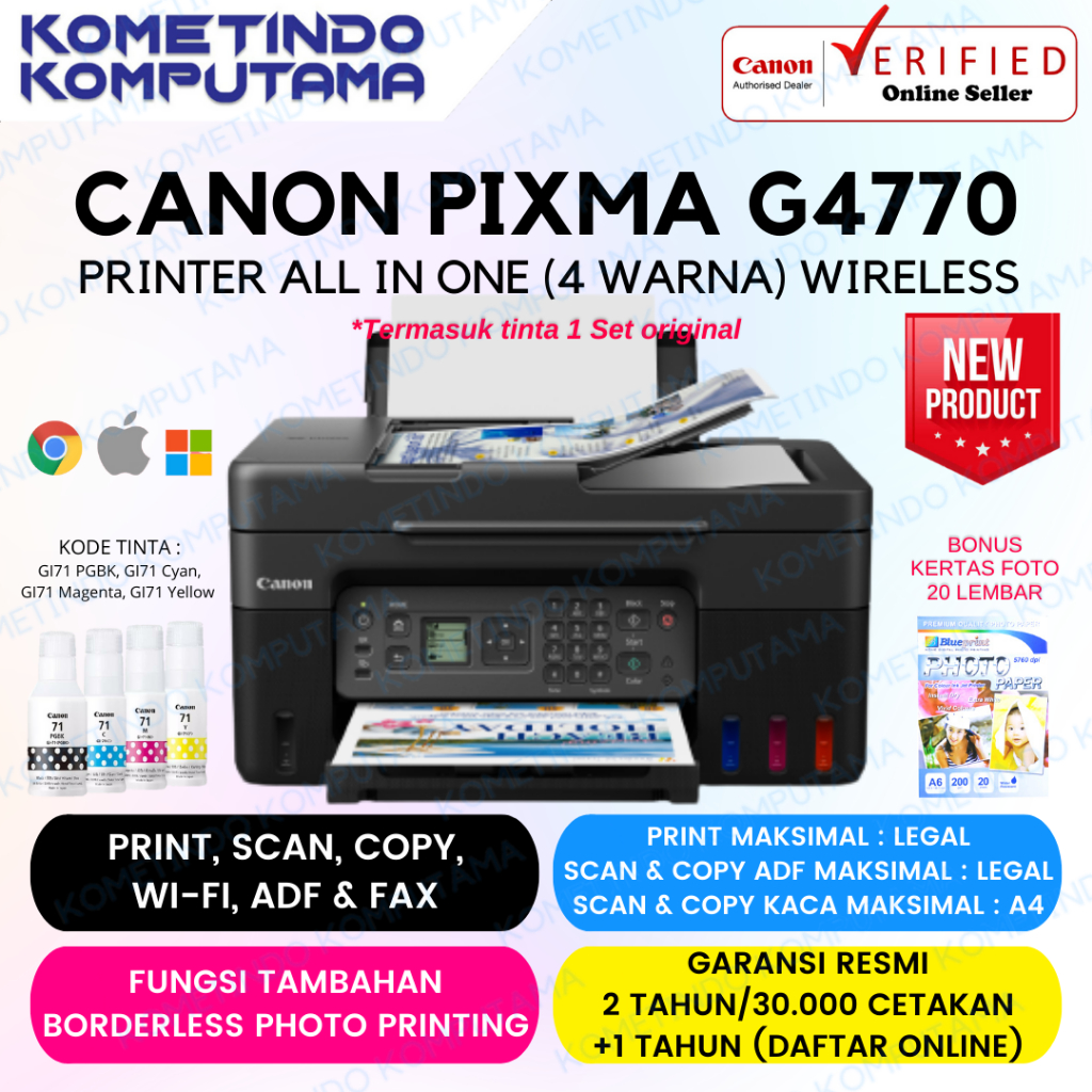 Printer Canon G4770 PIXMA G-4770 TINTA ORIGINAL 100% Print Scan Copy WiFi ADF Fax G 4770 GARANSI RESMI BH70 / CH70 / GI-71 - Ink Tank Infus