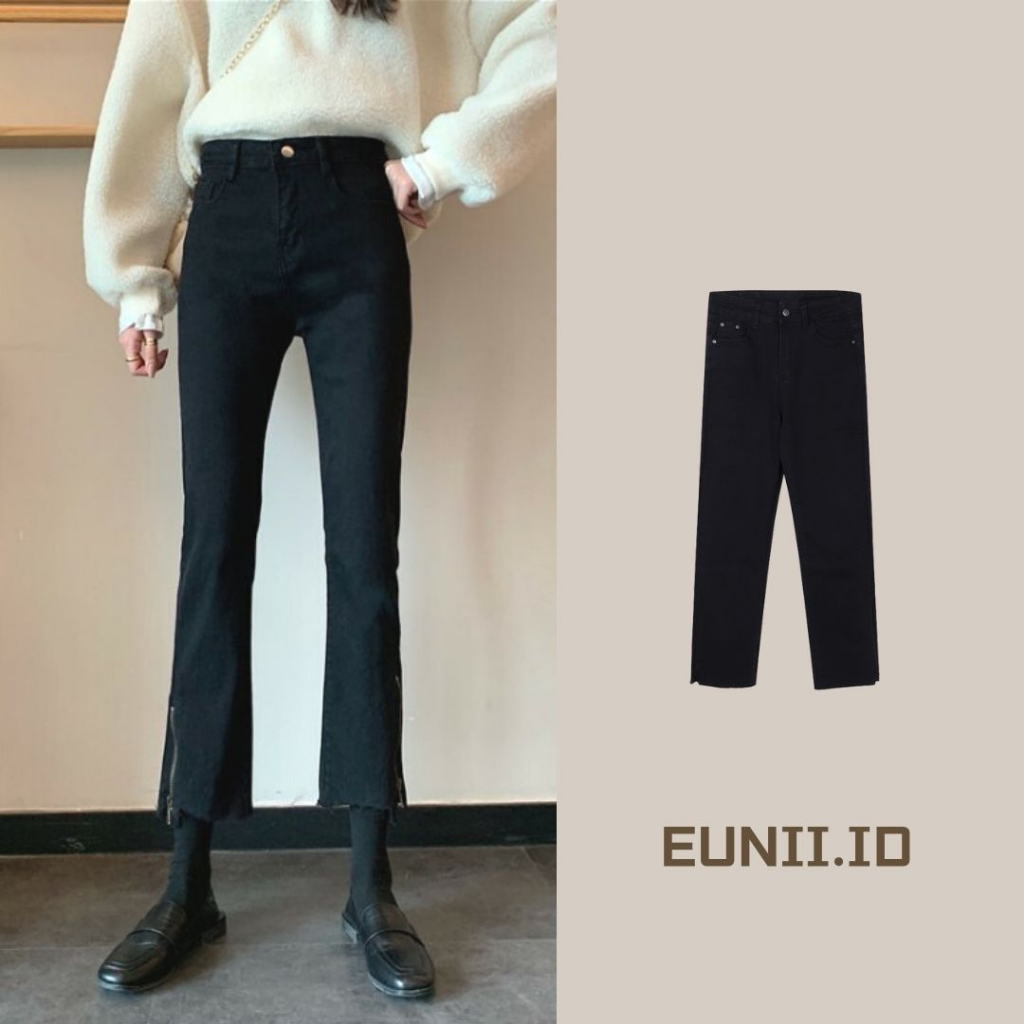 EUNII Celana Panjang Wanita KasualCrop Jeans High Waist Straight Pants