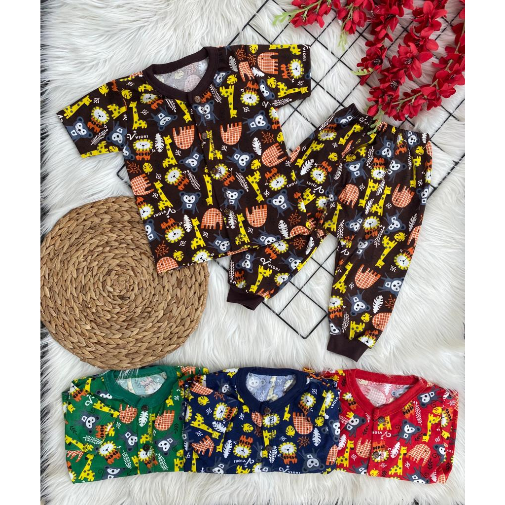 setelan baju anak laki laki perempuan lucu murah motif printing monkey PENDEK PANJANG (kancing depan) celana pampers 3-18 buan