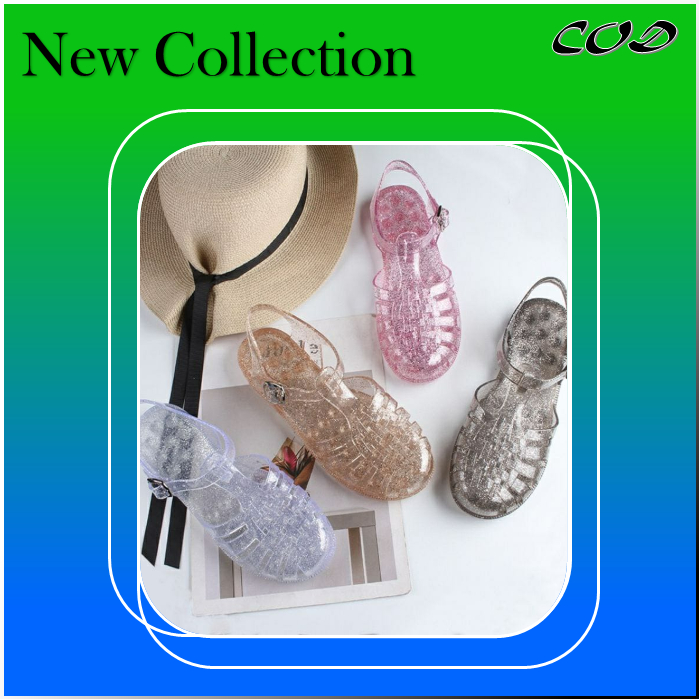 Sandal Jelly Shoes Dewasa Meisha Gliter Wanita Transparant Import Anti Slip /Sepatu Sendal Couple Mom and Kids Slipper Korea Gladiator Kekinian