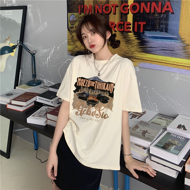 XIAOZHAINV Kaos Atasan Oversize Wanita Car Animation Pattern Lengan Pendek A0200