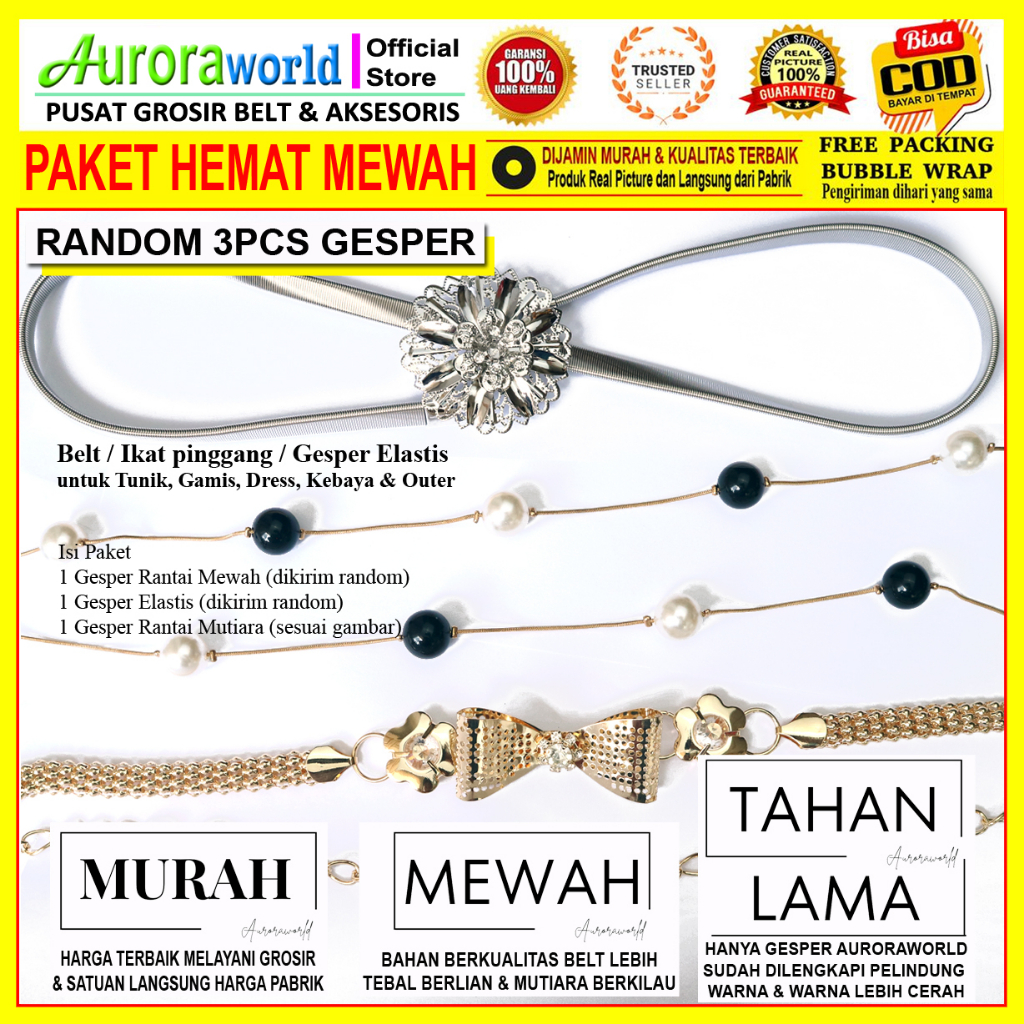 Auroraworld - PAKET BUNDLING USAHA PAKET HEMAT 3PCS GESPER IKAT PINGGANG BELT WANITA FASHION (DIKIRIM RANDOM)  FREE BROSS