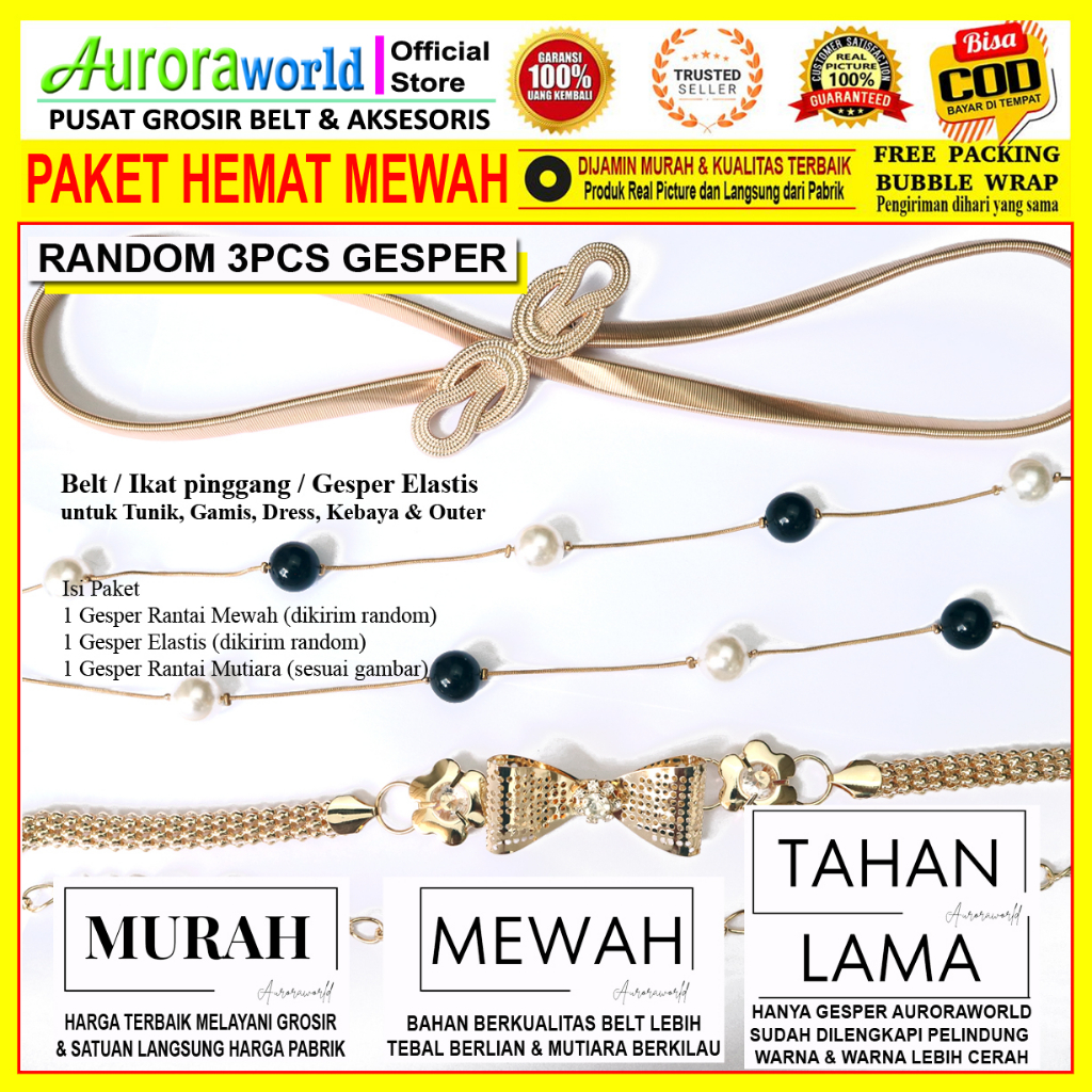 Auroraworld - PAKET BUNDLING USAHA PAKET HEMAT 3PCS GESPER IKAT PINGGANG BELT WANITA FASHION (DIKIRIM RANDOM)  FREE BROSS