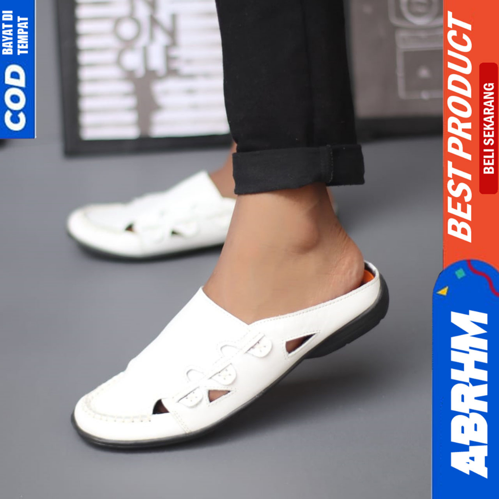 Sepatu Sandal Pria Slop Bustong Kulit Asli Hitam Abrhm Owen