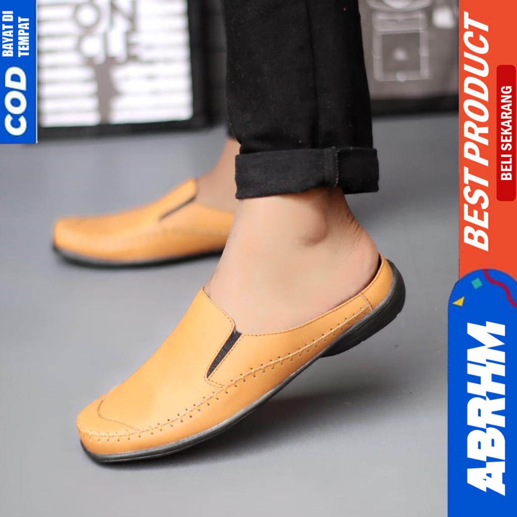 Sepatu Sandal Slop Pria Bustong Casual Kulit Asli Hitam Abrhm Calvin