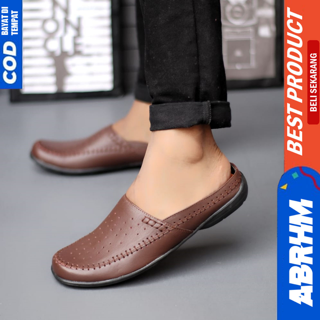 Sepatu Sandal Slop Pria Bustong Casual Kulit Asli Hitam Abrhm Calvin