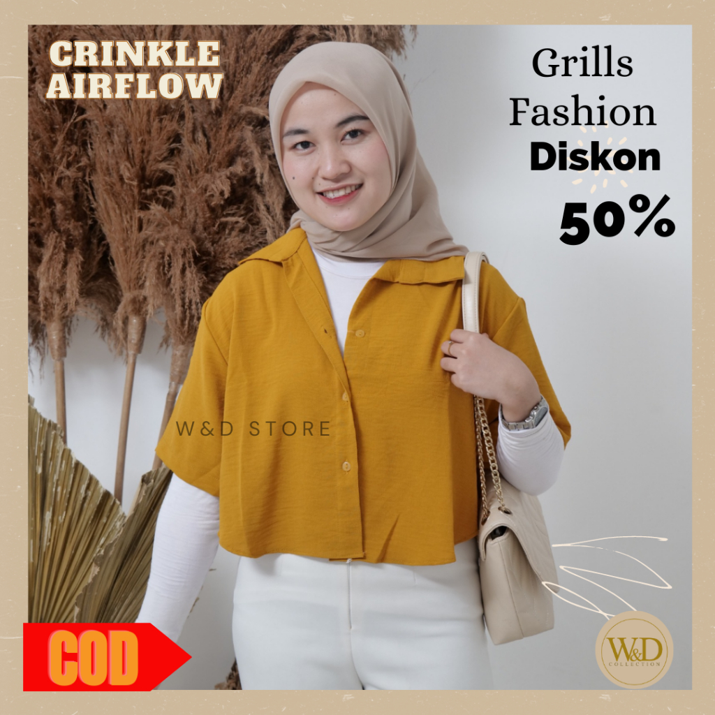 KEMEJA WANITA CROP POLOS LENGAN PENDEK CRINGKLE AIRFLOW premium