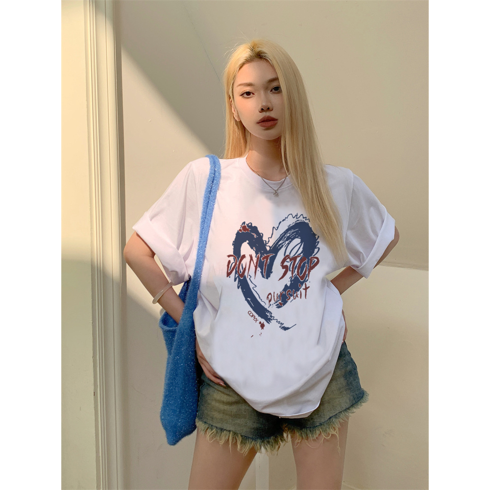 EUNII T-shirt Lengan Pendek Vintage Blue Heart Korean Style/Kaos Atasan Wanita/Baju Kaus Oversize Wanita/Kaos Wanita