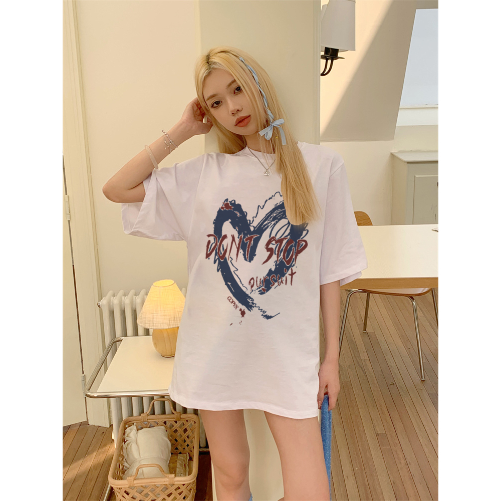 EUNII T-shirt Lengan Pendek Vintage Blue Heart Korean Style/Kaos Atasan Wanita/Baju Kaus Oversize Wanita/Kaos Wanita