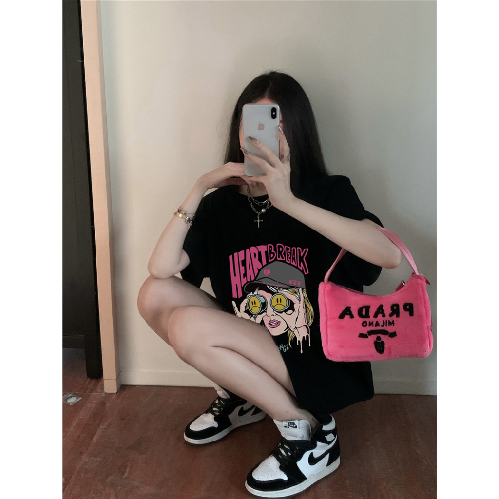 EUNII T-shirt Lengan Pendek Retro Pink Heart Break Korean Style/Kaos Atasan Wanita/Baju Kaus Oversize Wanita/Kaos Wanita