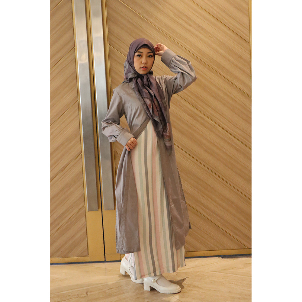 Gamis Dress Missty Wanita Warna Abu Inner Pink Putih abu Muda Motif Salur Spesial Lebaran Best Selle