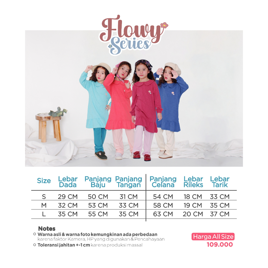 Nauree - Tunik Flowy Series Ruffle One Set  Flower Anak Perempuan Untuk Umur 1 2 3 4 5 6 Tahun Dengan Celana Bahan Kaos Katun Soft Premium Lembut Adem Dingin Nyaman Crinkle Airflow Premium Import Korea Motif Lucu Warna Warni Coral Magenta Tosca Setcel Ter