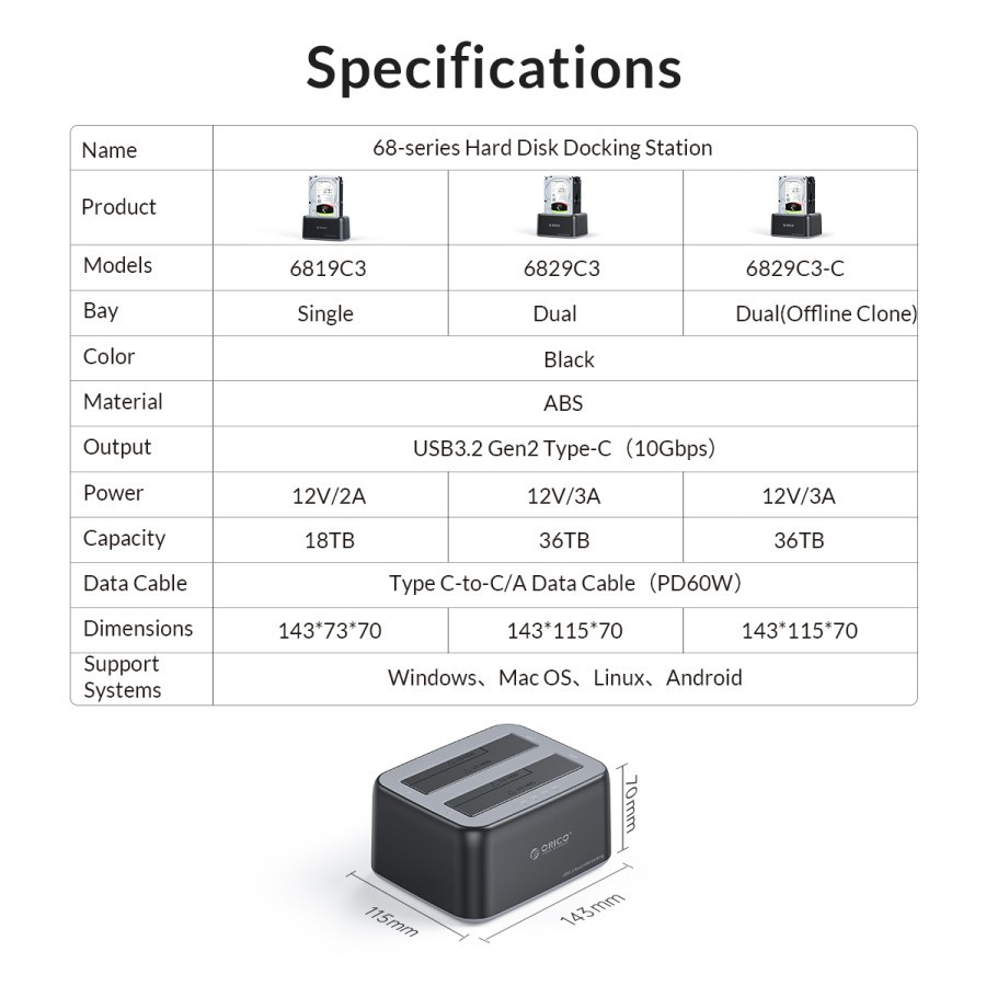 Docking ssd hdd orico 1 bay Slot 3.5&quot; 2.5&quot; sata type-c usb 3.2 10Gbps 6819c3 6819-c3 - hard disk drive dock 2.5 3.5 inch sata3