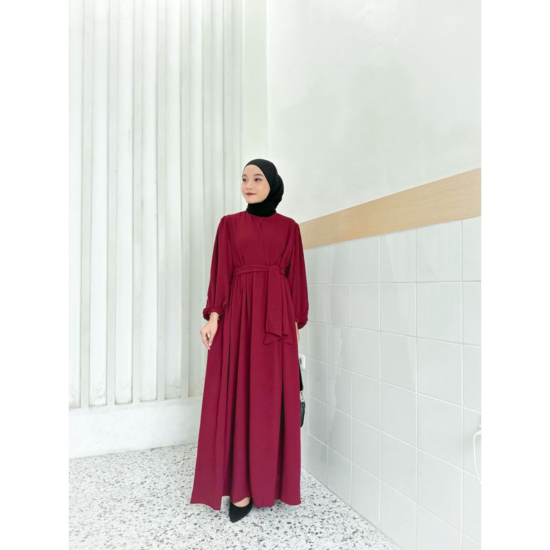 Revalisha Dress Busui Wanita Terbaru Aksen Tali Pinggang Tangan Balon Dres Remaja Muslim Bahan Polo Linen Premium Import Korean Style Jumbo Baju Lebaran Wanita Muslimah Motif Polos Kekinian Terbaru 2023