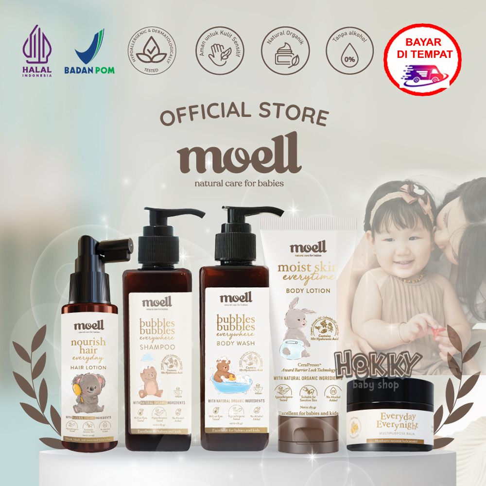 Moell Body Wash | Body Lotion | Hair Lotion Nutrisi Rambut Anak Bayi | Shampoo SLS Free | Balm Kulit Sensitif Anti Ruam Natural Organic