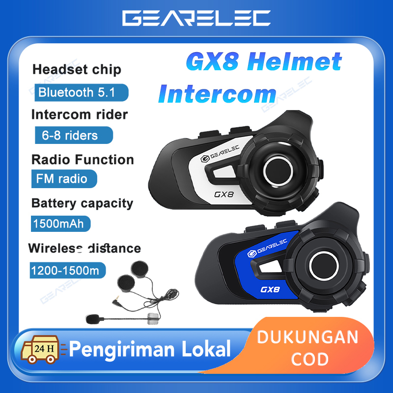 GEARELEC GX8 Helm Sepeda Motor Bluetooth Intercom Headset 8-Rider 1500m Range BT 5.1 Sistem Komunikasi Nirkabel Interphone dengan Radio FM EQ Music Sharing