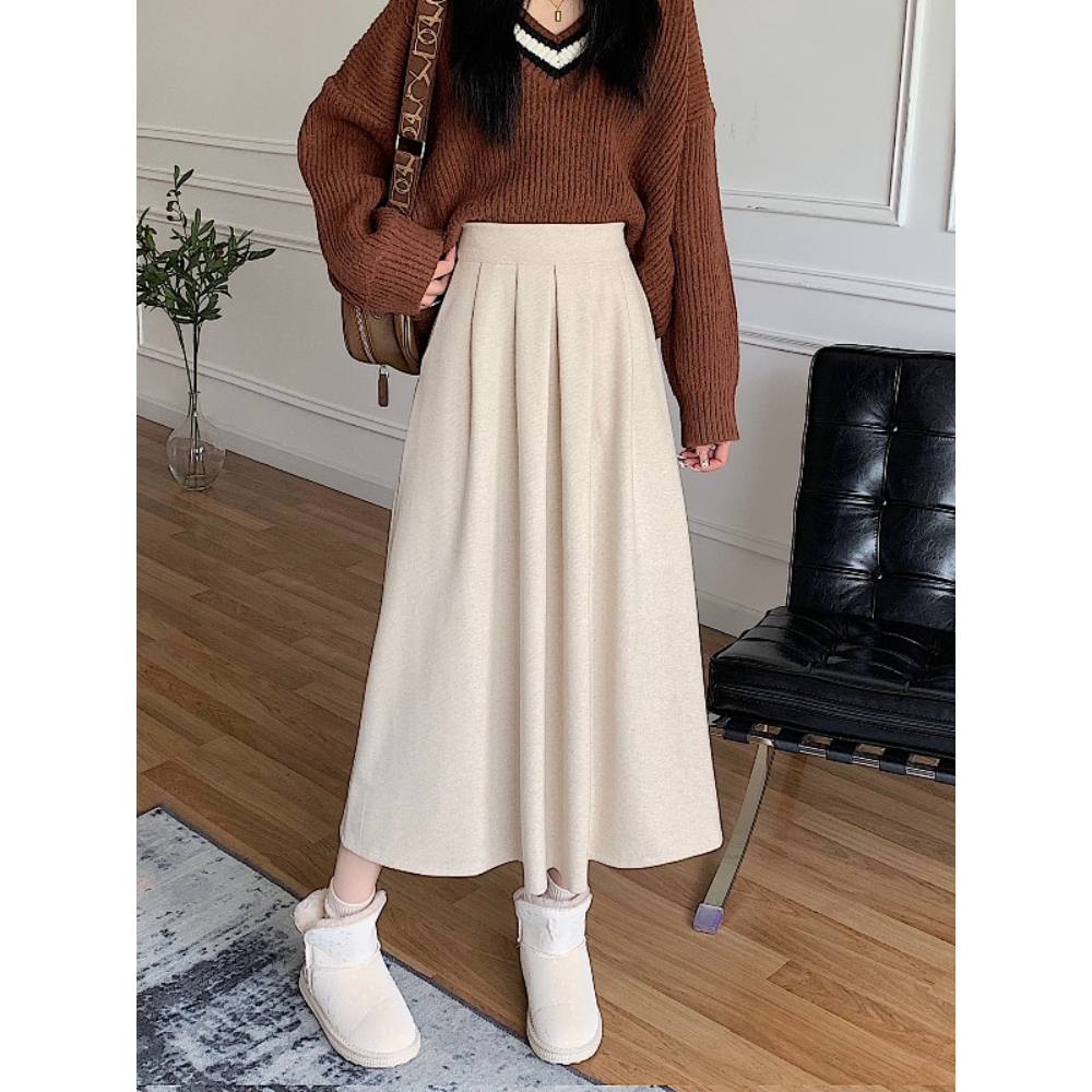 EUNII Korean Style Rok Wanita Rok Midi A-line Hitam Rok High Waist Skirt