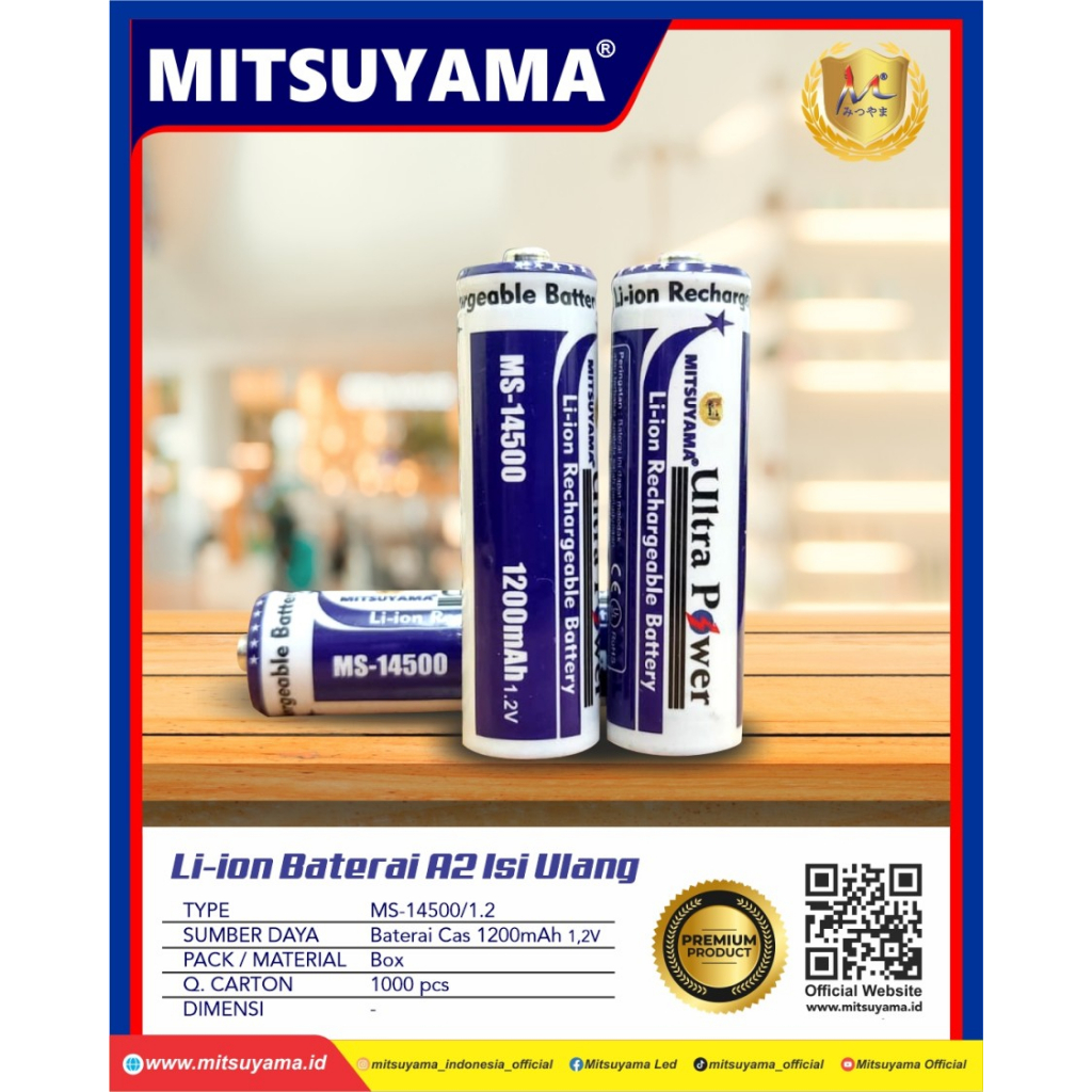 Barangunik2021 -Baterai Rechargeable AA 1200mAh Mitsuyama MS-14500/Baterai Li-ion Mitsuyama A2 1.2V dan  3.7V isi Ulang MS-14500/1200mAh