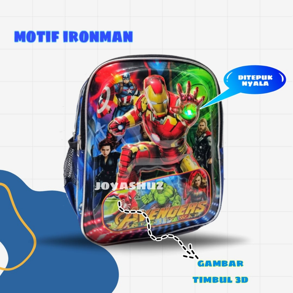 Tas Anak Sekolah Laki-Laki - Ransel Anak 3D LED - Tas Karakter Avangers - Ultraman - Tas Timbul Berbonus - Tas Banyak Bonus