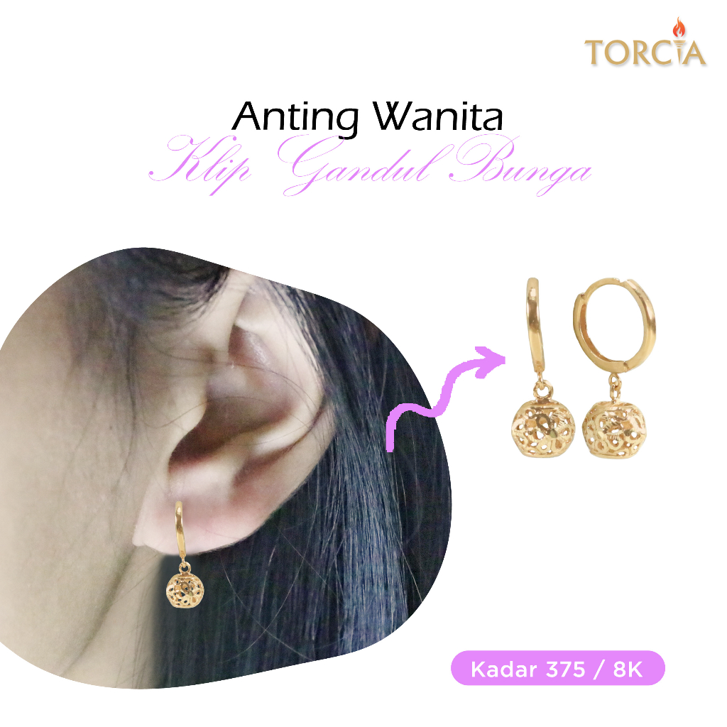 Anting Klip Emas Asli Gandul Bunga Kadar 375 Torcia