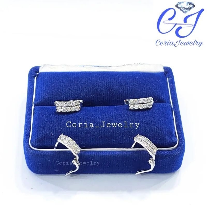 Anting Perak Asli Silver Wanita 925 Lapis Emas Putih Asli Model Permata 2 Baris Kilau - Perak Asli Murni Original Anti Karat