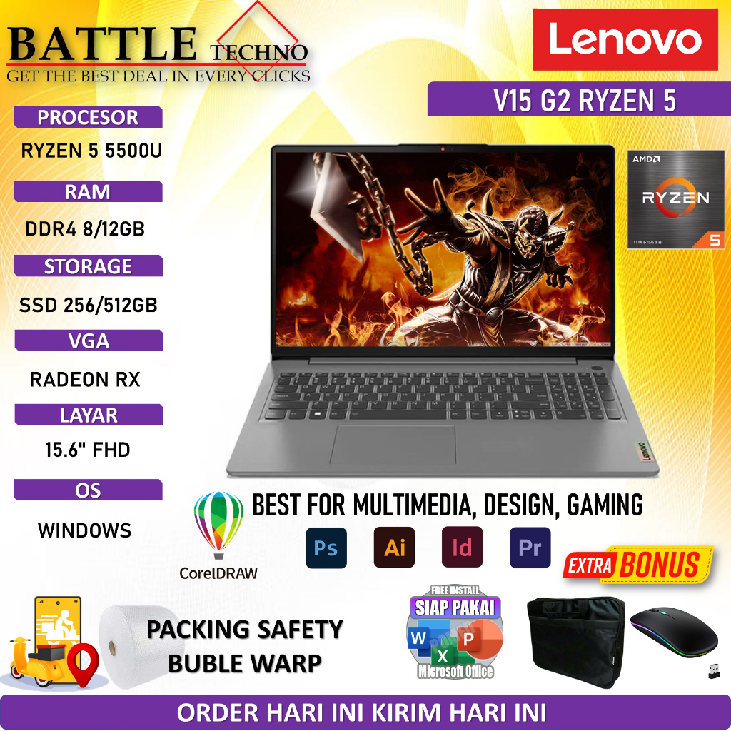 Laptop Gaming Lenovo V14 G2 AMD Ryzen 5 7520U 8GB 512GB Ssd Radeon 610M FHD Windows 11 Grey