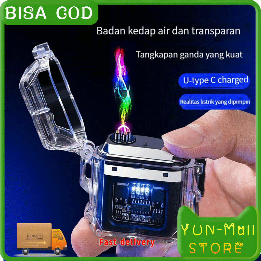 YUN Mall Korek Api Elektrik Fingerprint Touch Sensor LED Display HY6051 Transparan Shell Tahan Air Pulsa Elektronik Lebih Ringan Outdoor Tahan Angin Tahan Air Arc Pemantik Rokok