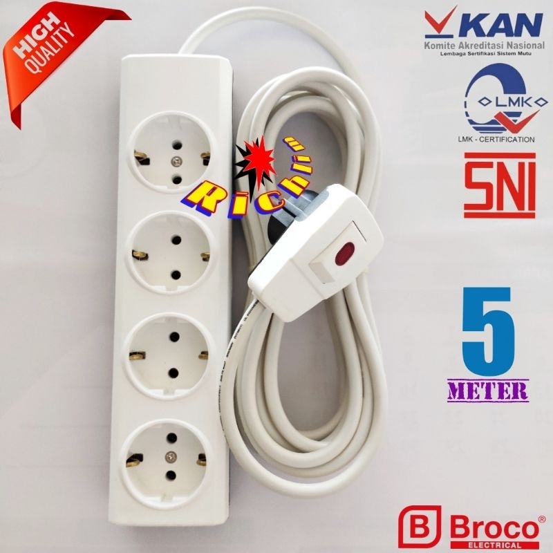 Stop Kontak Broco 4 Lubang+Steker Lampu Broco+Kabel Eterna 2x0,75 Serabut 5 Meter