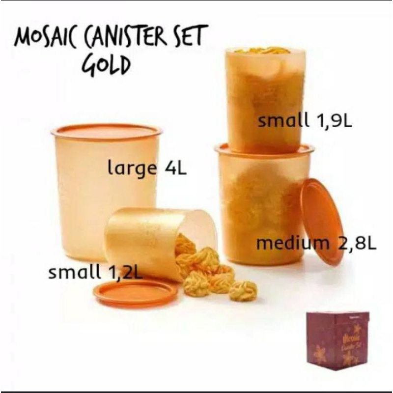 Mosaic canister set gold tupperware (4) + box