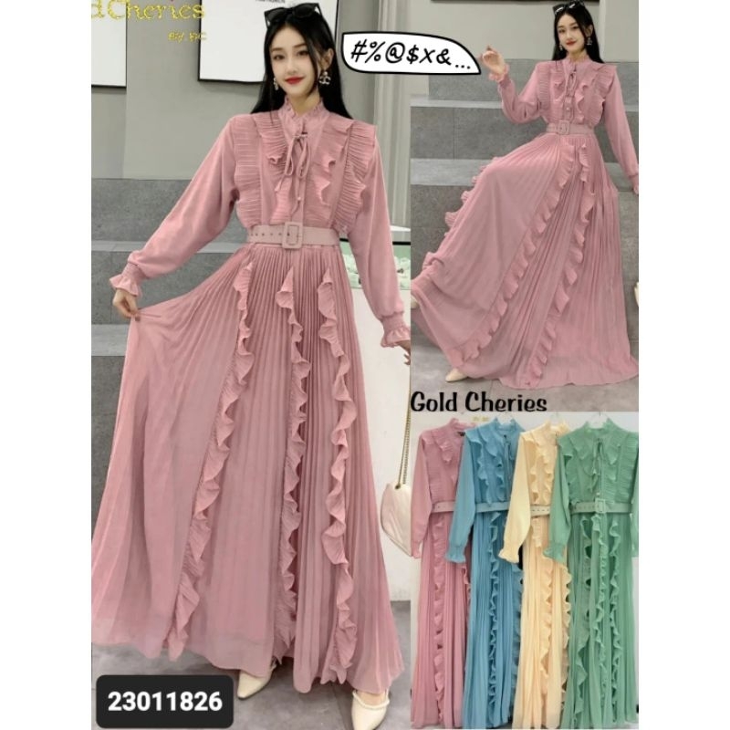 Gamis Maxi Dress Import Gold Cheries Ruffles Plisket (FCODI1005)