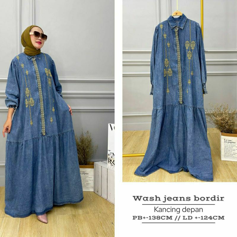 Fadila Jeans Maxy, GAMIS JEANS LEBARAN CANTIK MODIS JUMBO FIT XXXL LD 124 BAHAN JEANS WASH IMPORT MIX BORDIR TERMURAH TERLARIS OOTD