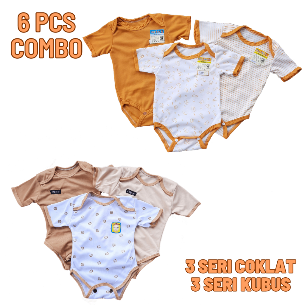 Paket Hemat 6 Potong Jumper Jumpsuit Baju Kodok Lengan Pendek Bayi 0 3 Bulan Kombinasi Polos Motif Bisa COD