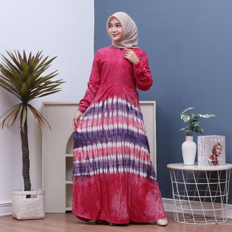 Gamis Rayon Black Tiedye Jumbo Resleting Depan Bumil Friendly Dress Wanita Kekinian Terbaru Adem