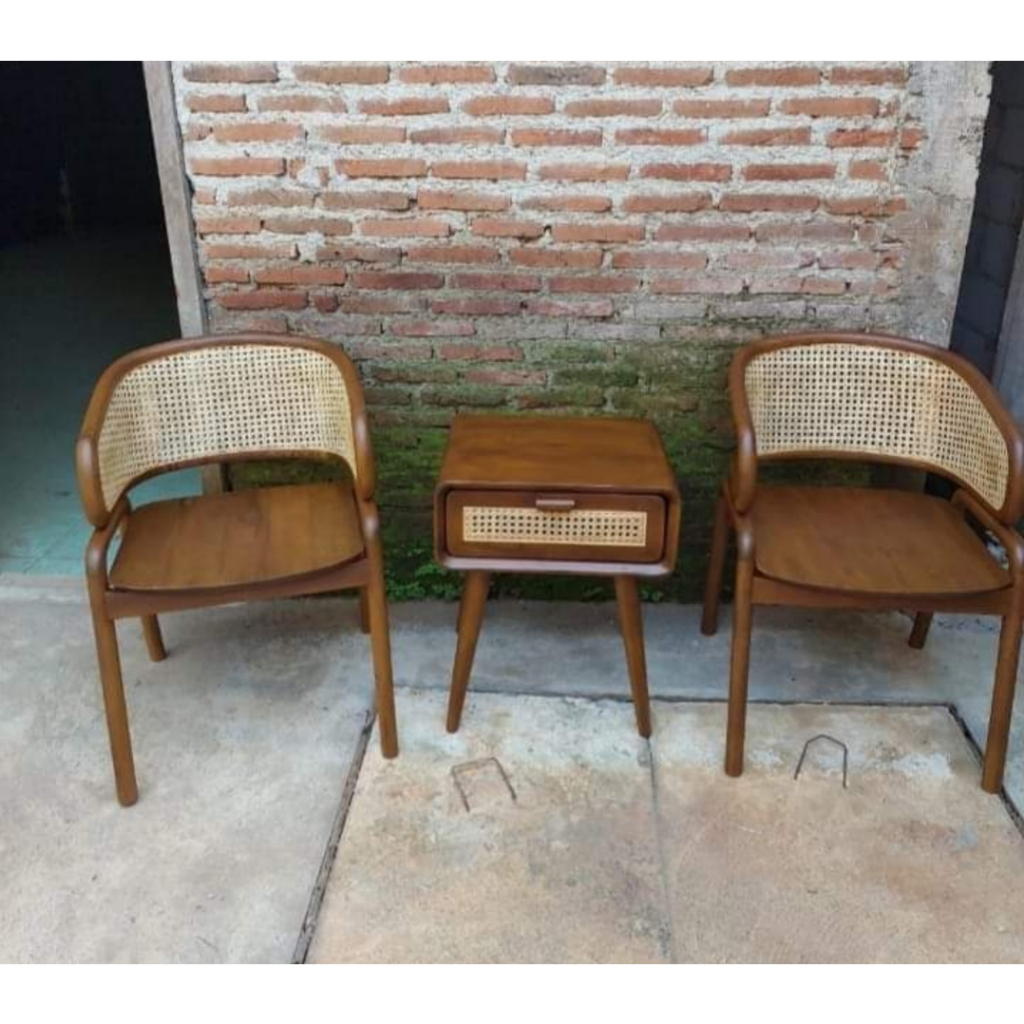 KURSI TERAS AESTHETIC/ SET TERAS VINTAGE/SET MEJA KURSI TERAS JATI ROTAN RETRO MINIMALIS