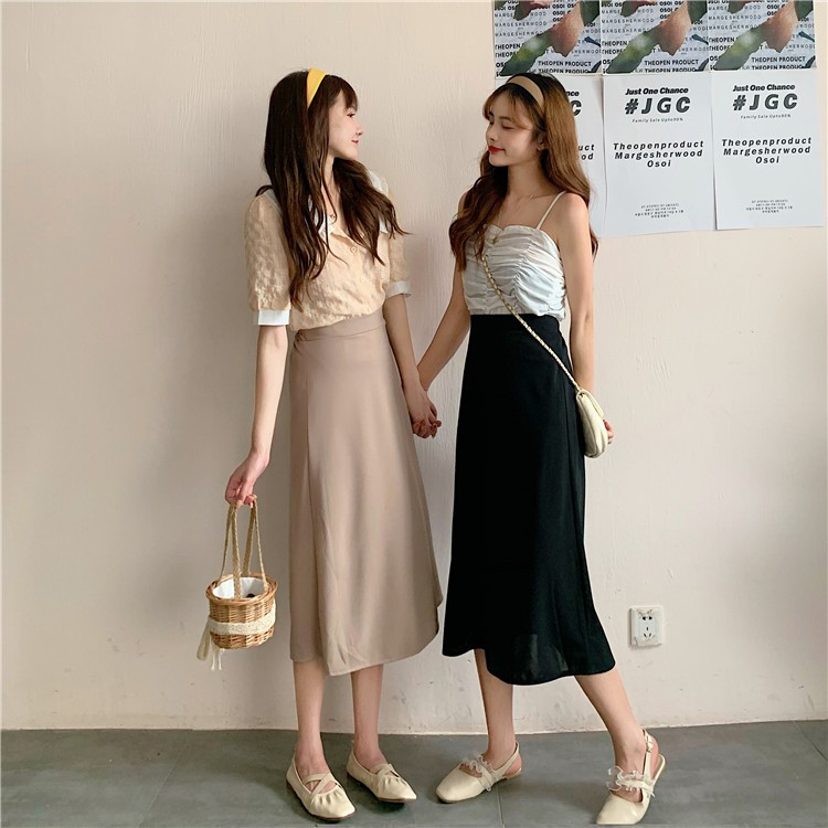 EUNII Warna Solid Rok Midi A-line Hitam Minimalis High Waist Pinggang Elastis Korean Style