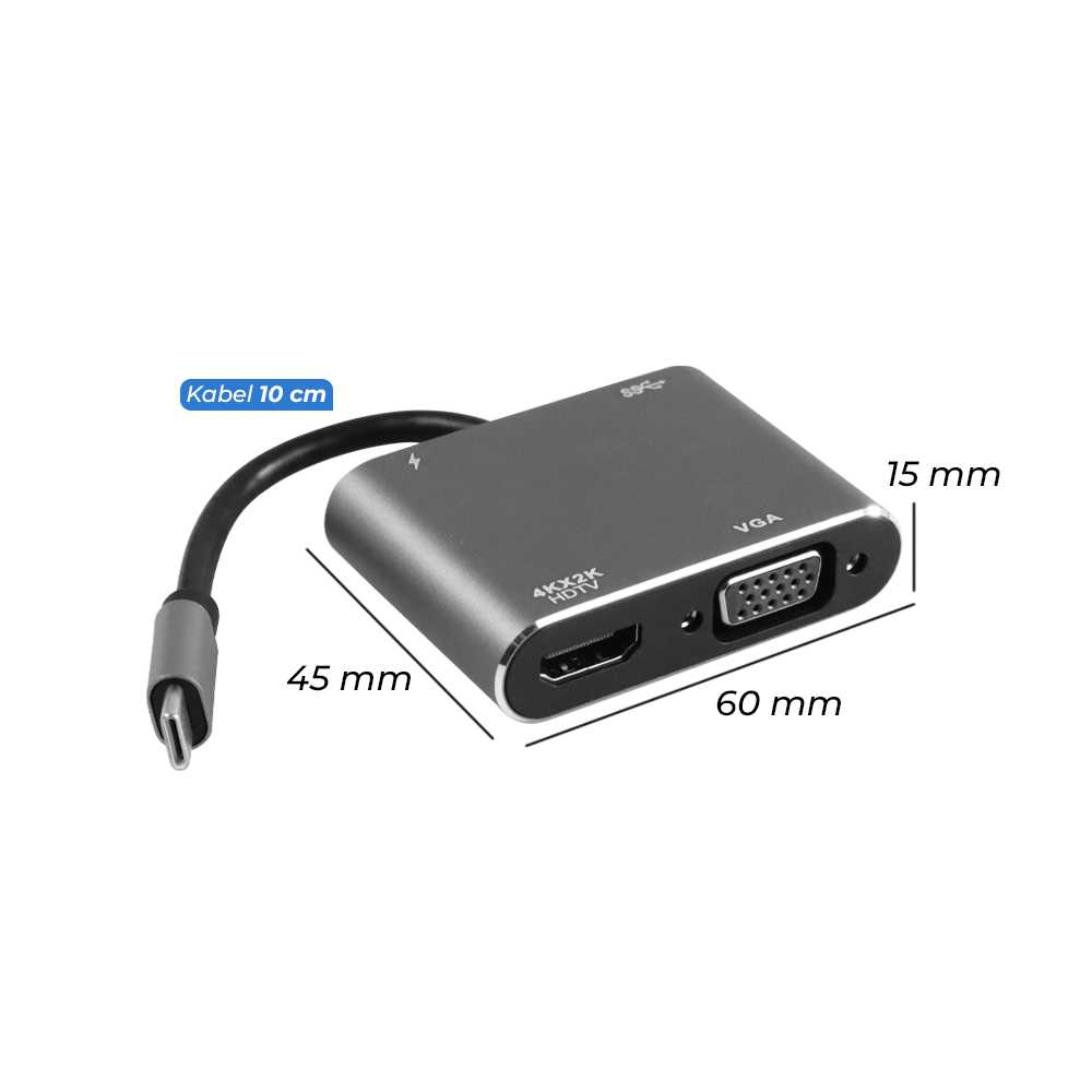 TERLARIS KABEL CABEL Adaptor USB Type C to HDMI VGA PD Charging 4K 87W - D87 Adaptor ini memudahkan Anda untuk menghubungkan laptop yang memiliki port USB Type C ke perangkat visual yang memiliki port HDMI, seperti TV, proyektor dan monitor