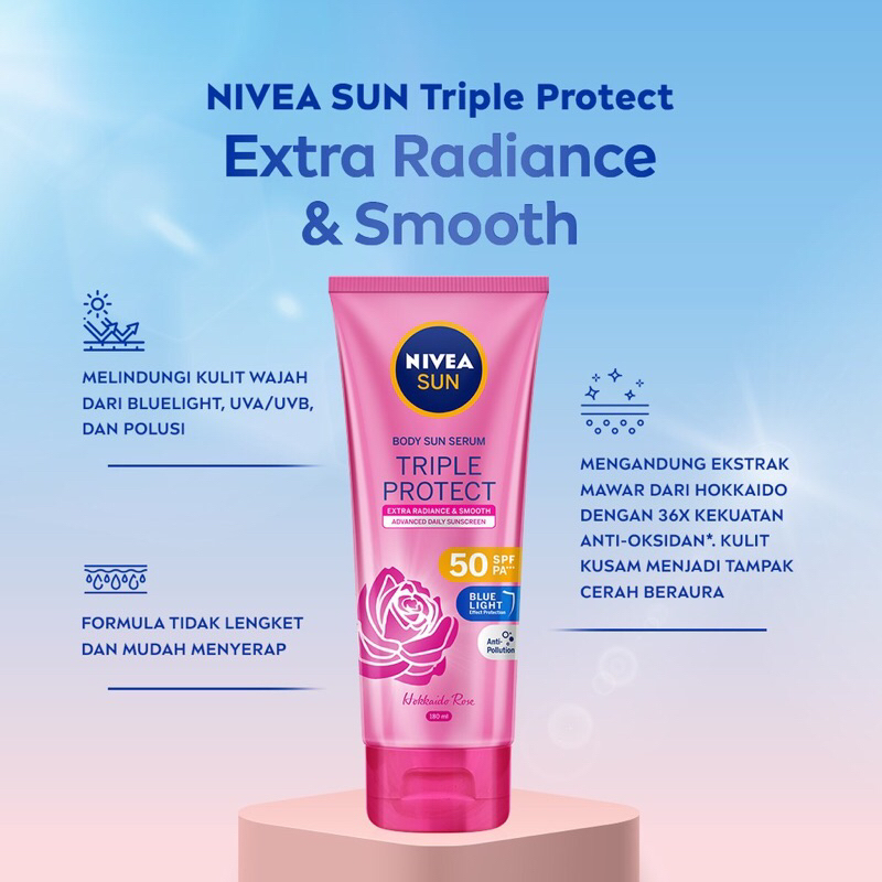 NIVEA SUN Body Sun Serum Triple Protect Extra Radiance &amp; Smooth Hokkaido Rose SPF 50 PA+++ Blue Light Effect Protection Anti Pollution