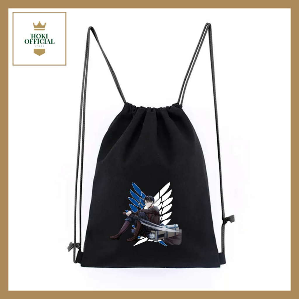 [COD] Shingeki No Kyojin Tas Serut Attack On Titan Levi Ackerman Stringbag Unisex Hitam Polos HokiOfficial
