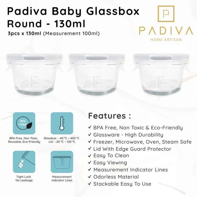 Padiva Baby Glassbox Square 180 ml &amp; Round 130 ml (3pcs) Baby Glass Food Container Wadah Mpasi Bayi Kaca