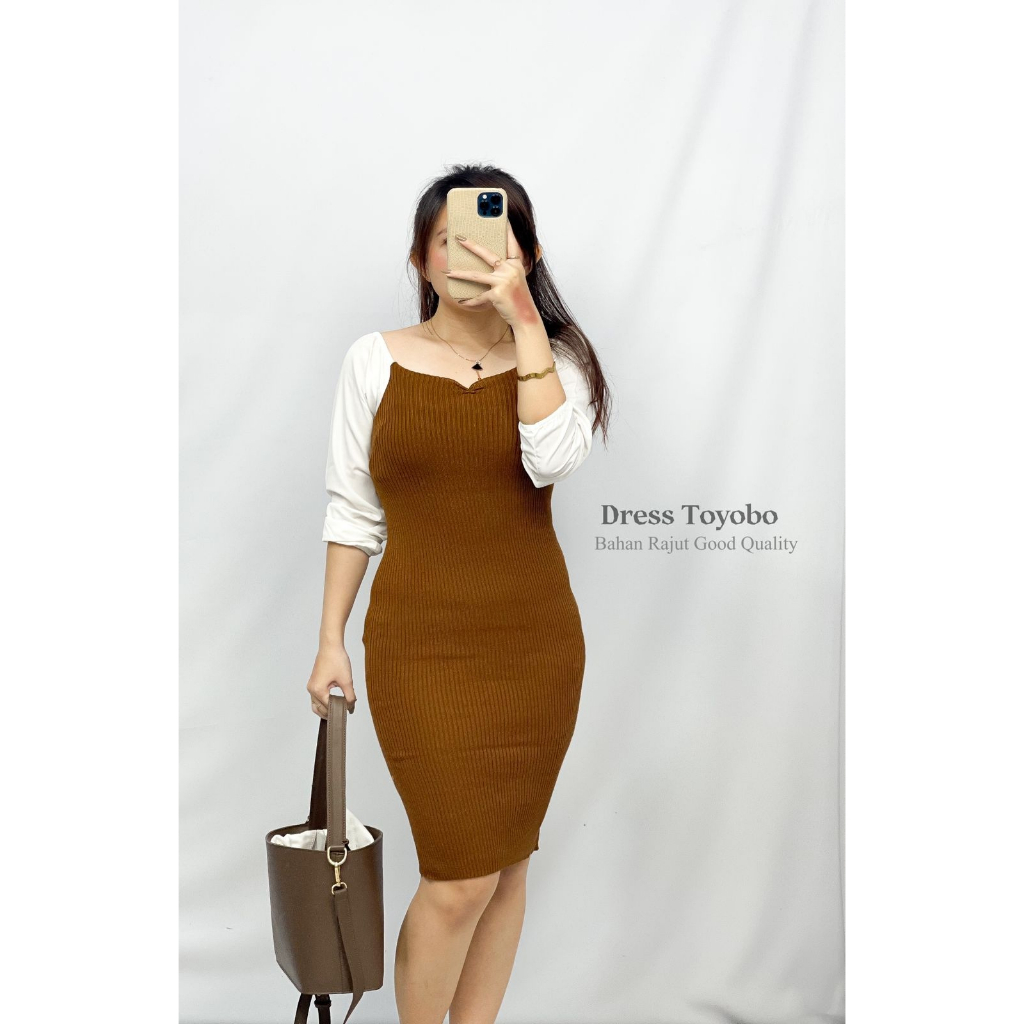 Toply shop Mini Dres bodycon lengan putih  Dres rajut knit