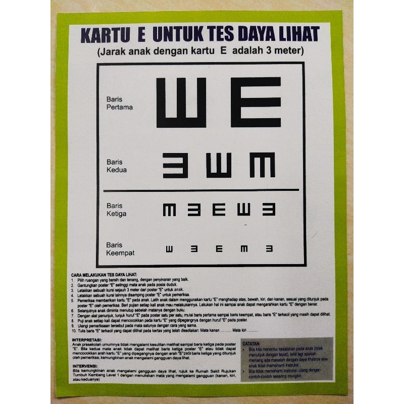 Alat Test Daya Lihat Mata Anak/Snellen Chart/Kartu E