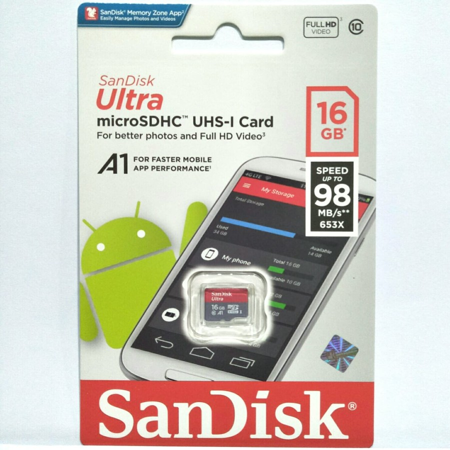 SanDisk Ultra A1 Micro SD / MicroSD Card 16Gb 98MBps Class 10