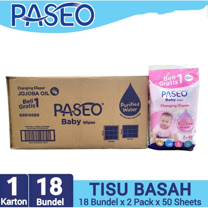 Tisu Basah Paseo 1 karton isi 18 bungkus 50+50