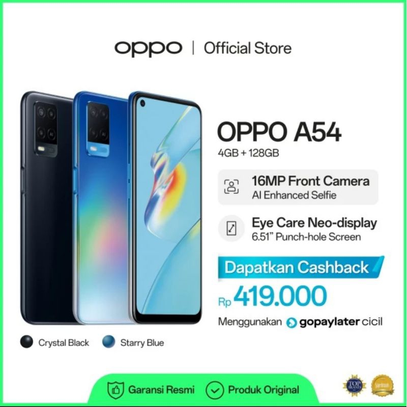 OPPO A54 - RAM 6/128GB, CAM 16MP, BAT 5000MAH, FASTCHARGING 18W, GRS RESMI