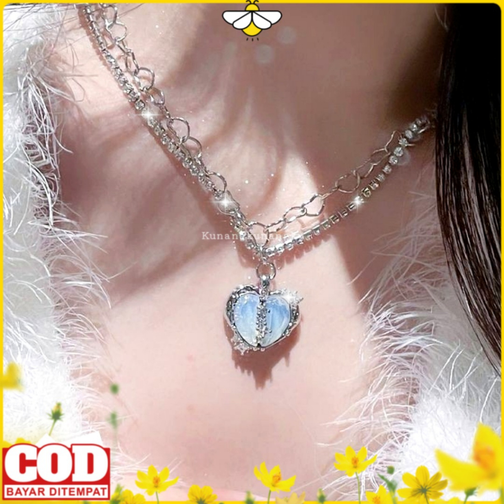 Kalung Titanium Cinta Mosaik Wanita Pria Gaya Hip Hop Liontin Love Hitam Anti Karat