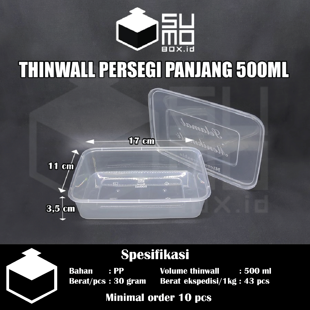 Foto Thinwall PERSEGI PANJANG 500ml + Tutup / Kotak Makan Plastik 500 ml FREE PACKING [ECERAN]