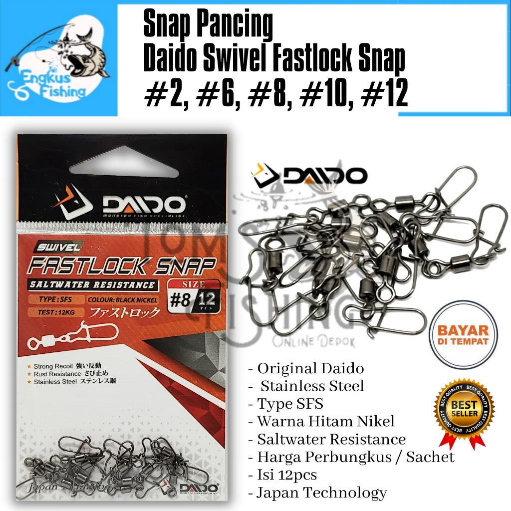 Snap Pancing Daido Swivel Fastlock Snap (#2/#6/#8/#10/#12) Water Resistace Murah - Engkus Fishing